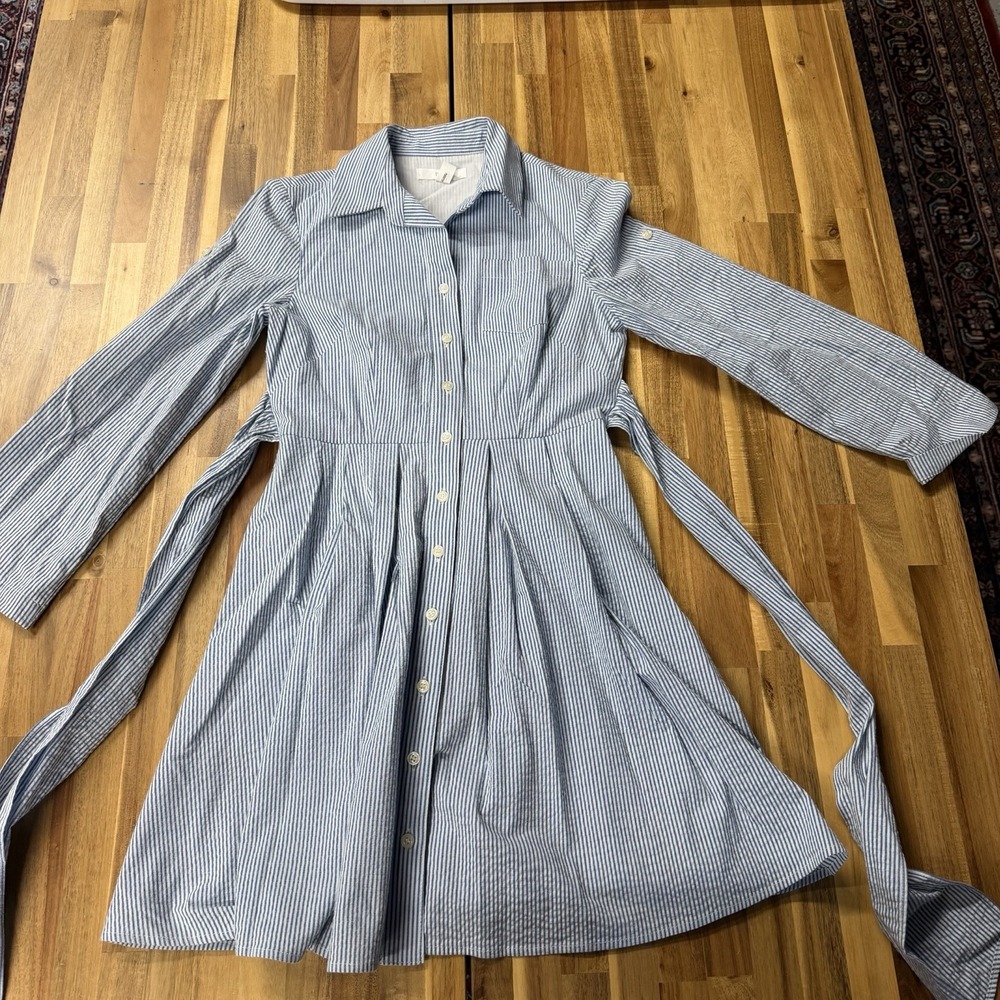 1901 Seersucker Tie Front/Back Dress Blue White Stripe Size 2 Petite w Pockets